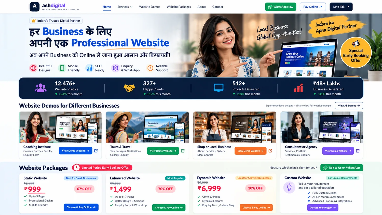 Fictional Indian professional presenting a website concept
