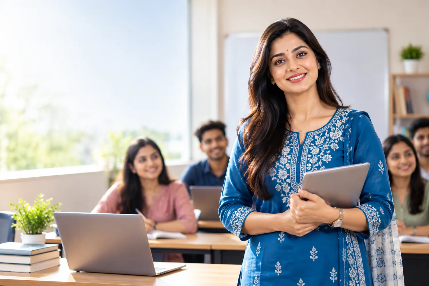 Fictional Indian instructor in a classroom