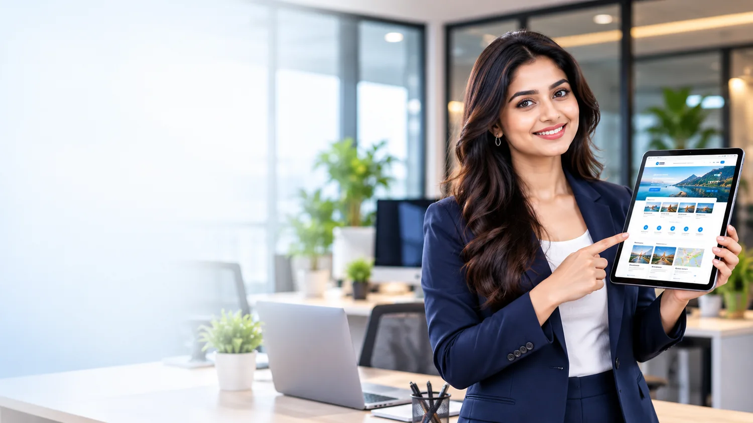 Fictional Indian professional presenting a website concept in a modern office