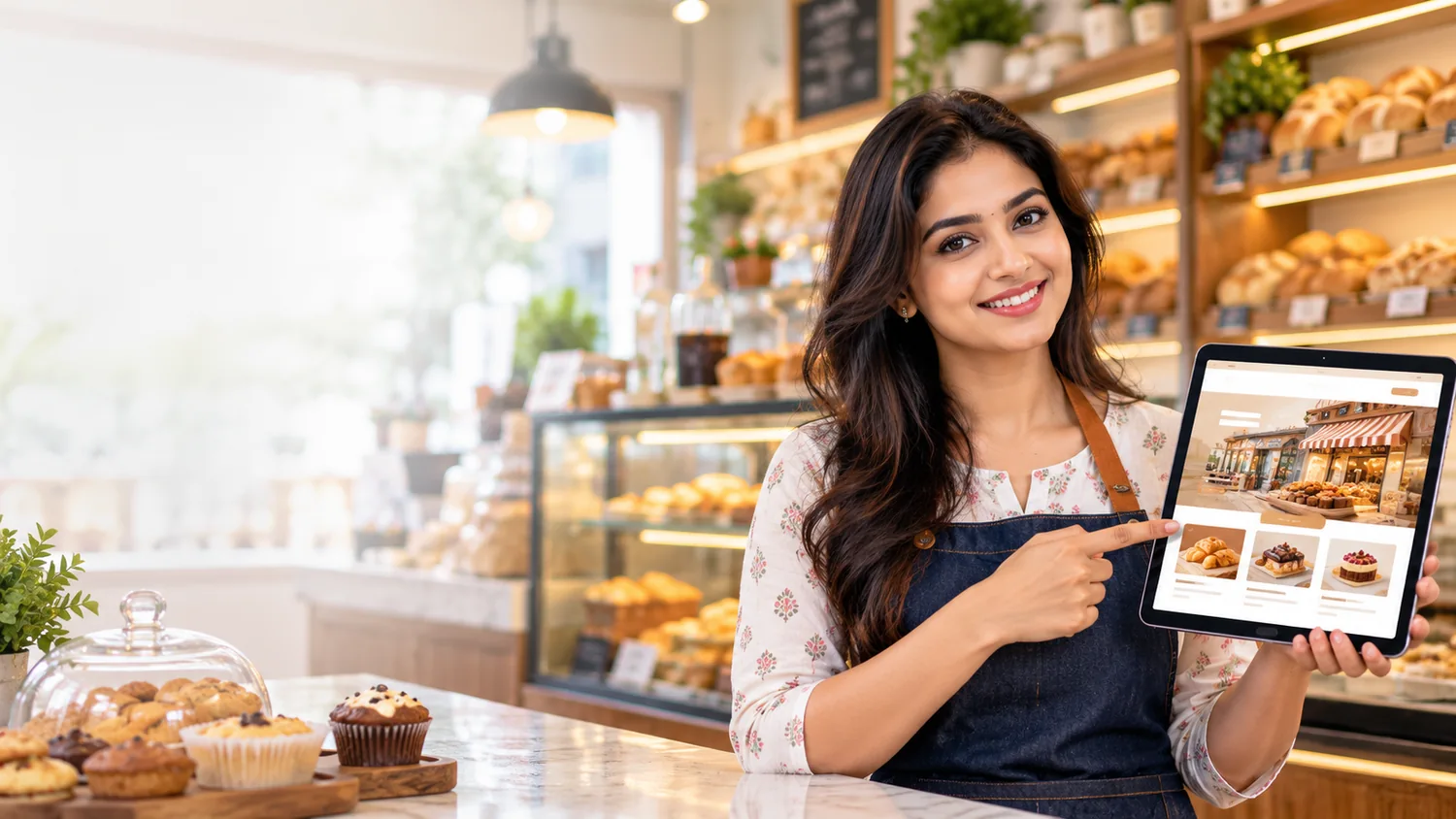 Fictional bakery owner presenting a website