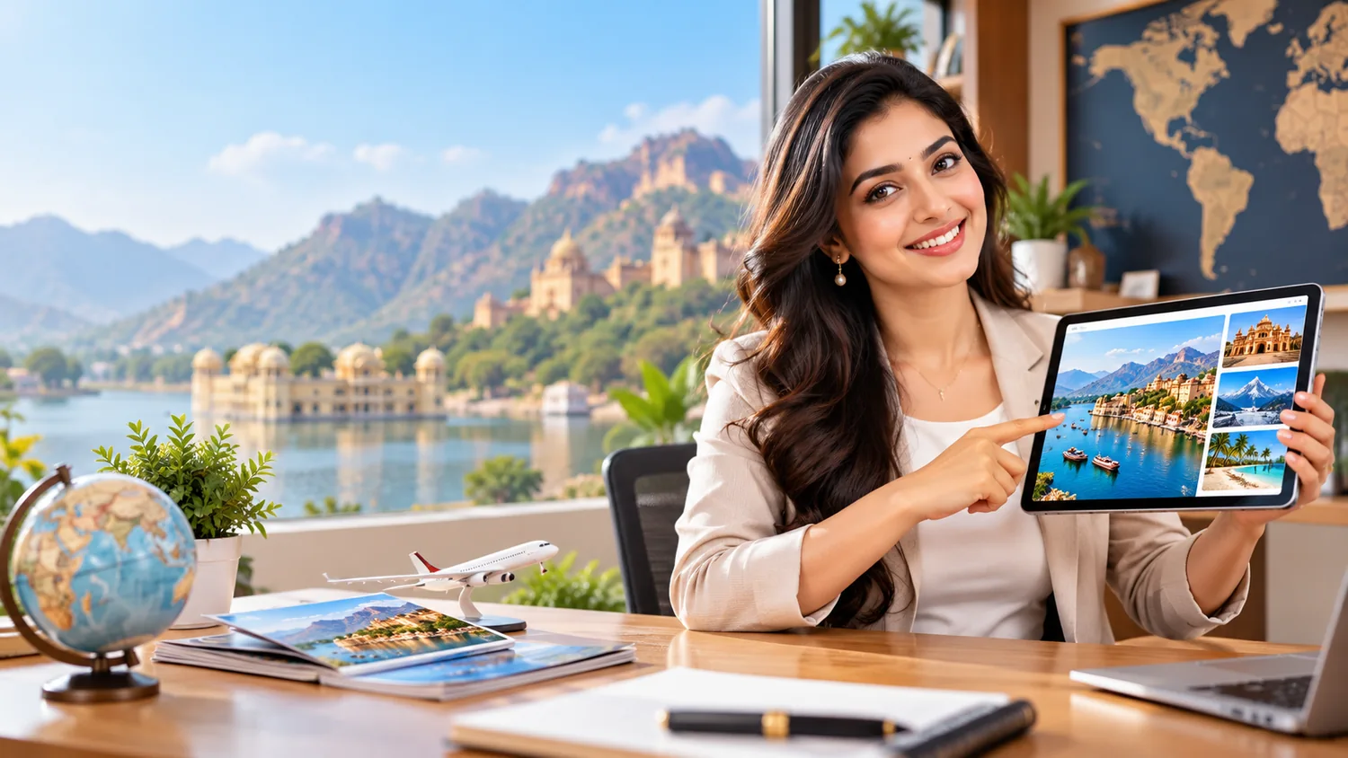 Illustrative tours & travel website scene featuring a fictional adult Indian professional